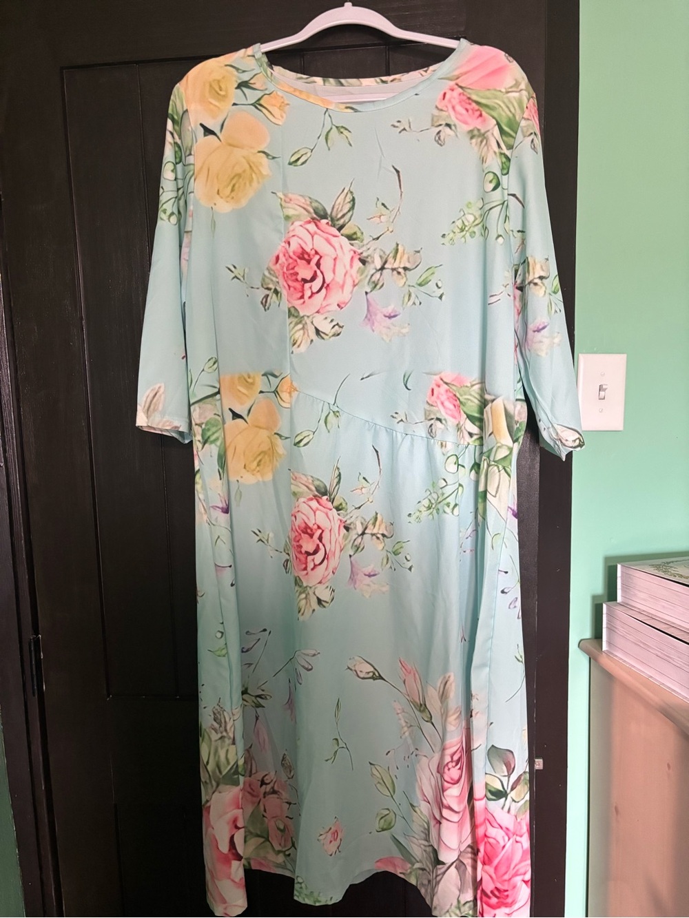 Mint Green Floral Casual Women's Dress with Pink & Yellow Roses